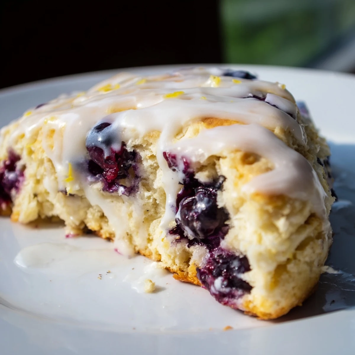 Warm Lemon Blueberry Scones with Vanilla Glaze on a rustic wooden board, perfect for an afternoon tea treat.