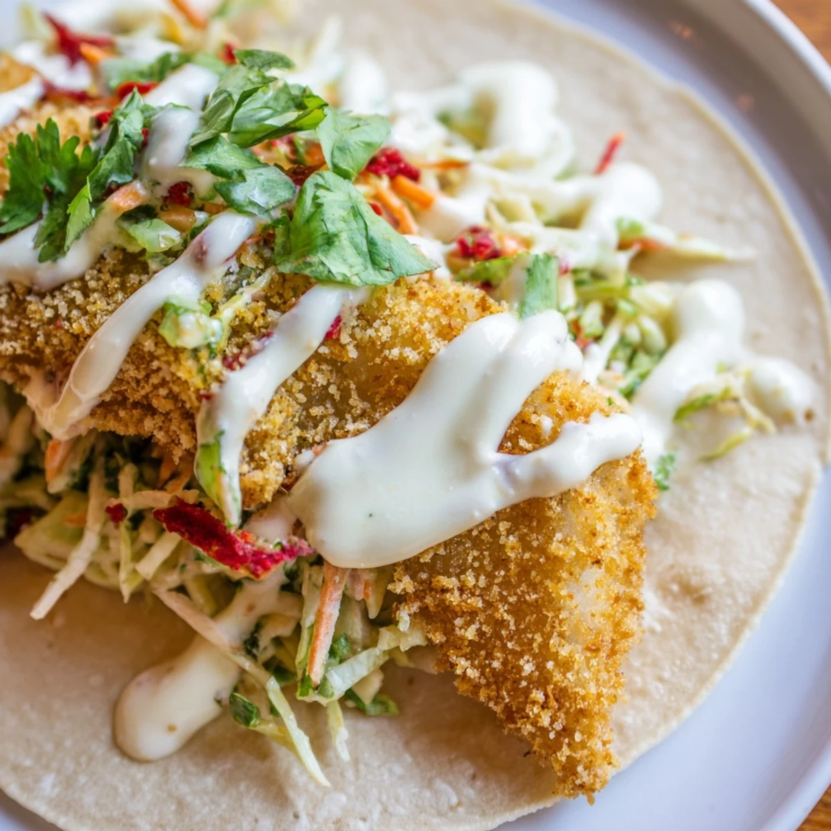 Flaky white fish coated in panko, topped with tangy slaw and drizzled with creamy sauce for dinner.