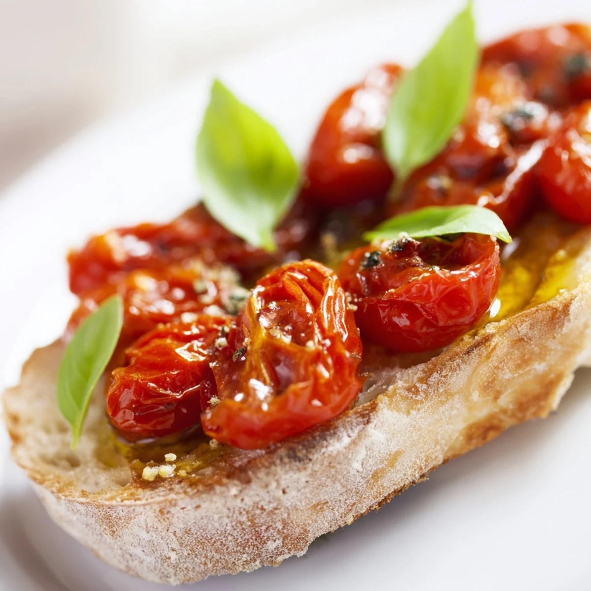 Golden, caramelized roasted tomatoes and fresh basil piled high on crisp, garlic-rubbed bread slices for this Roasted Tomato and Basil Bruschetta on Toast.