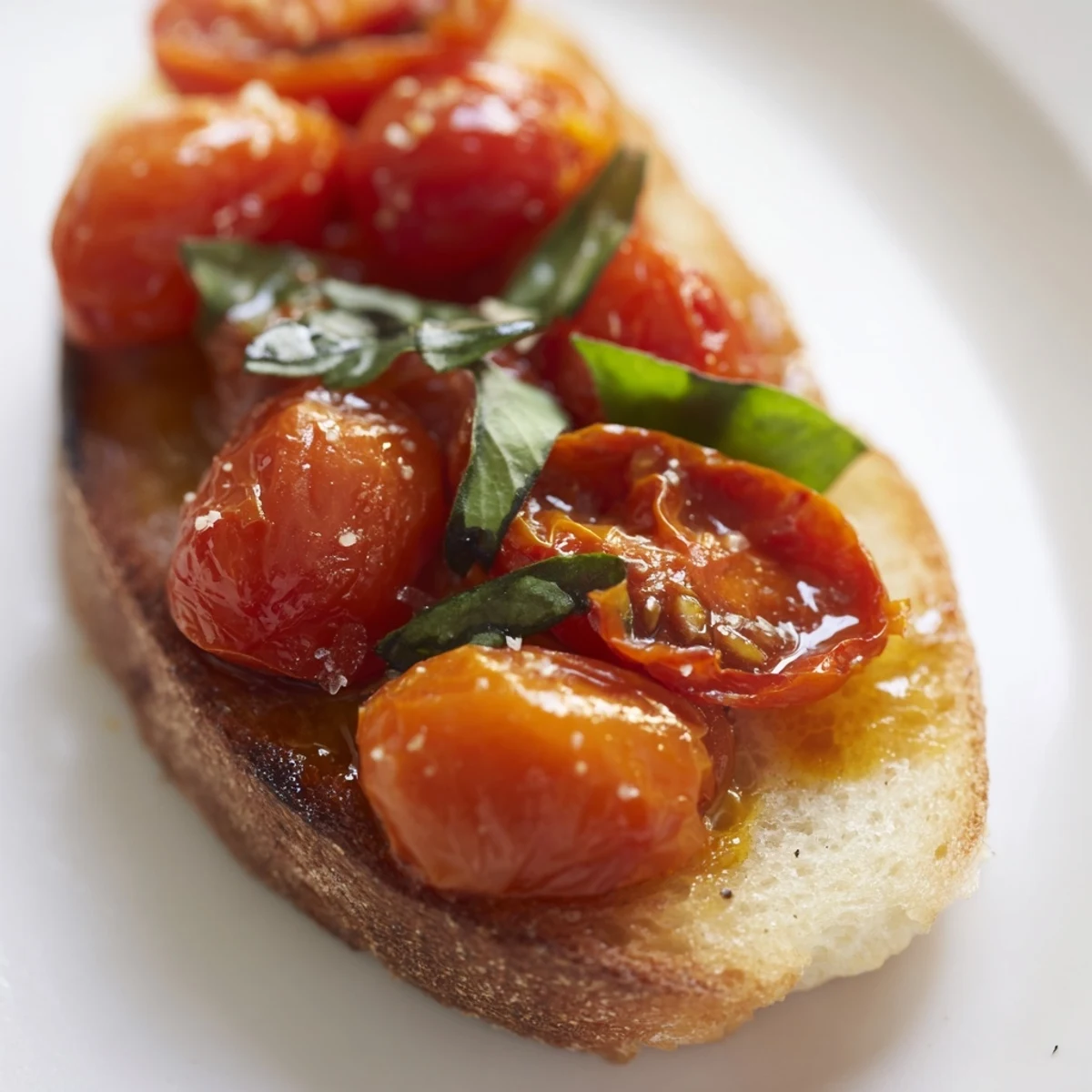 A close-up of Roasted Tomato and Basil Bruschetta on Toast, highlighting juicy tomato halves and vibrant green basil on rustic toasted bread.