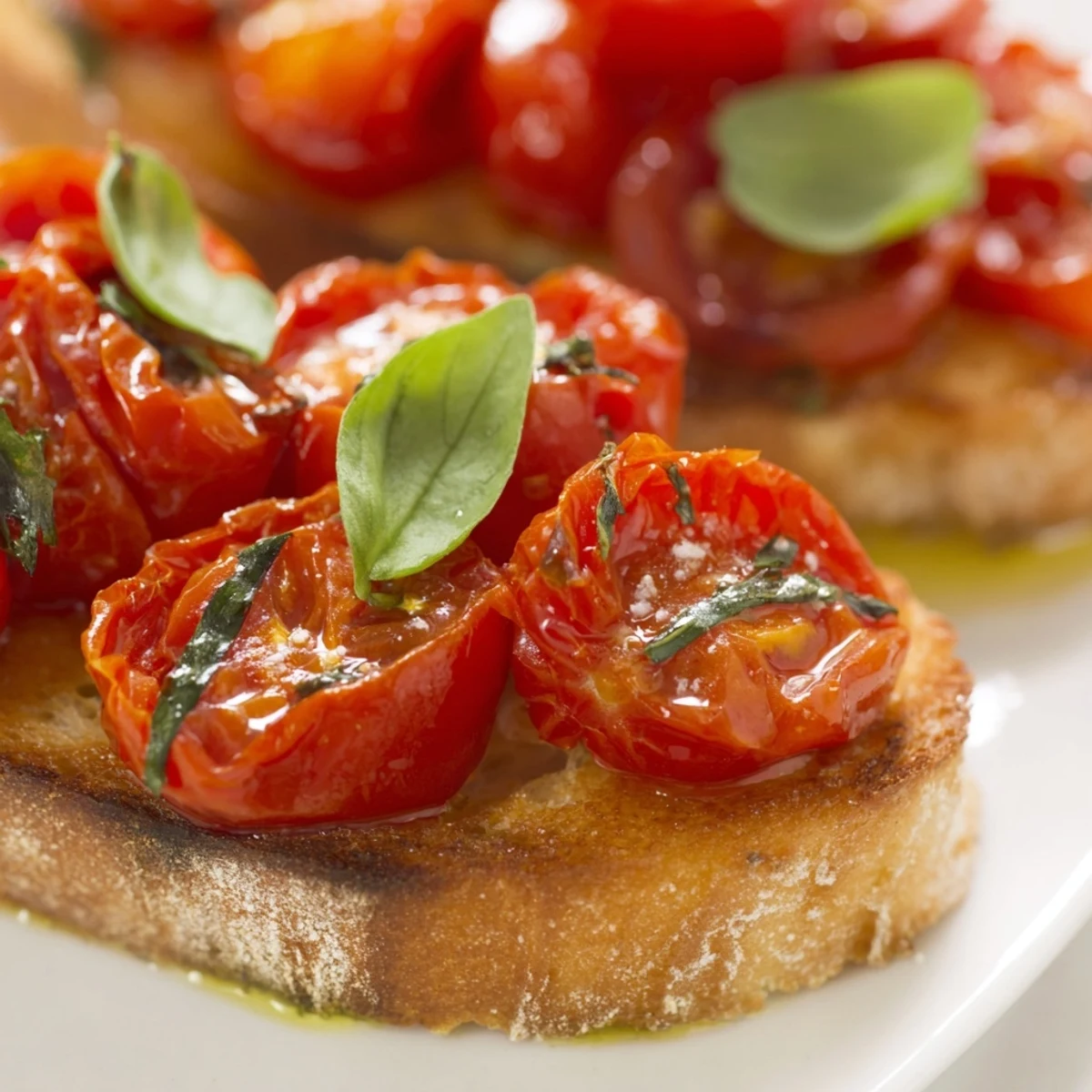 Rustic platter of Italian appetizer Roasted Tomato and Basil Bruschetta on Toast, ready to serve with a drizzle of olive oil.