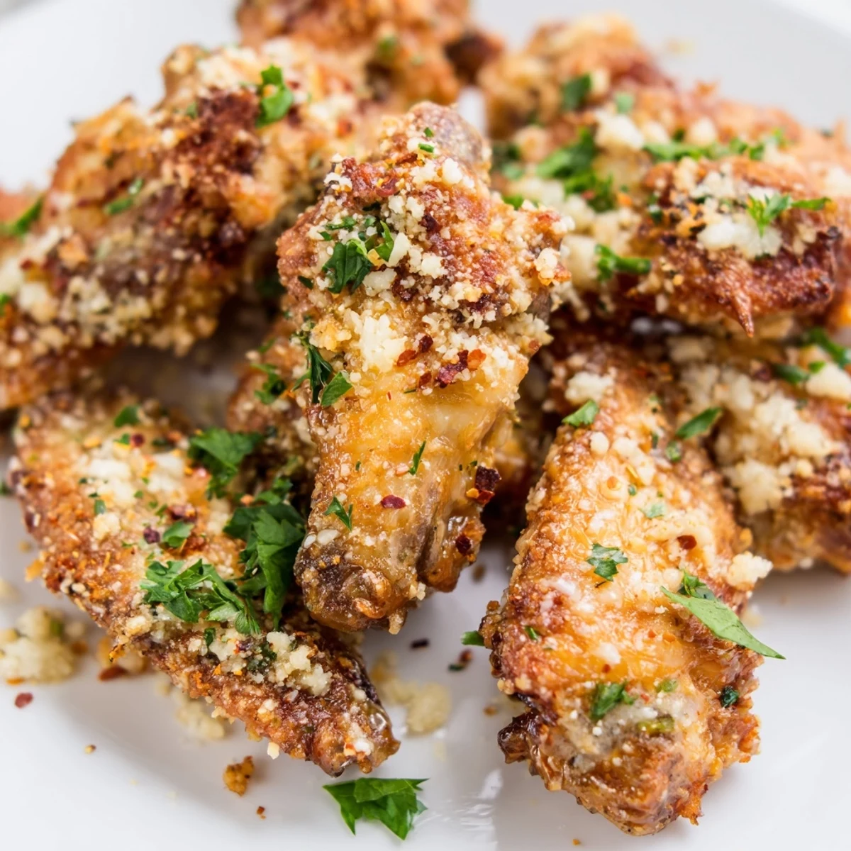 Crispy Air Fryer Garlic Parmesan Chicken Wings with Ranch coated in herbs and parmesan, served hot alongside a cool drizzle.