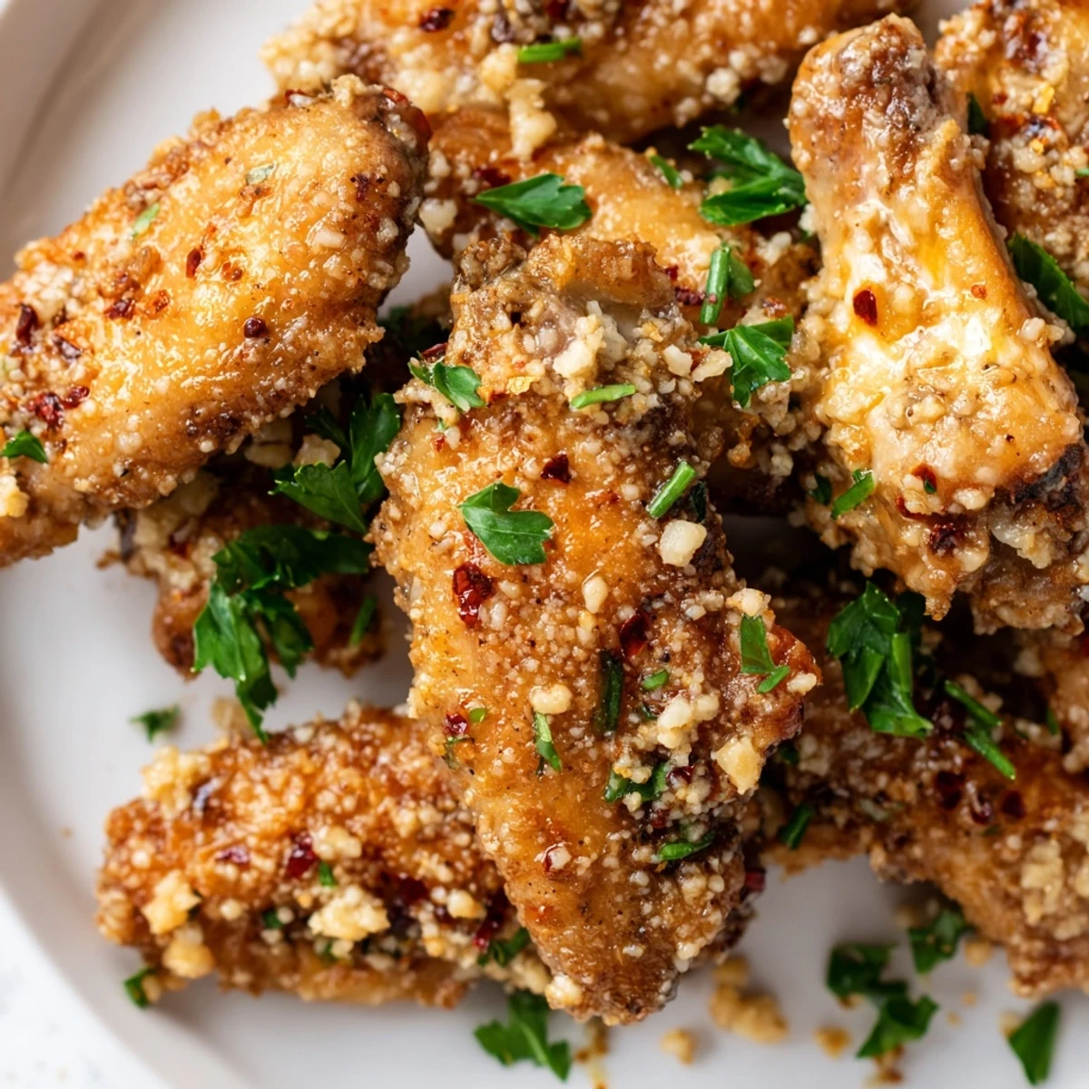 Golden-brown Air Fryer Garlic Parmesan Chicken Wings with Ranch piled high on a platter next to a creamy dipping bowl.