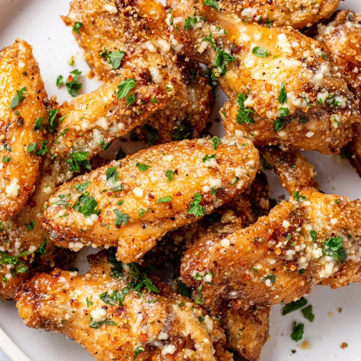Sizzling Air Fryer Garlic Parmesan Chicken Wings with Ranch garnished with fresh parsley on a rustic wooden serving board.