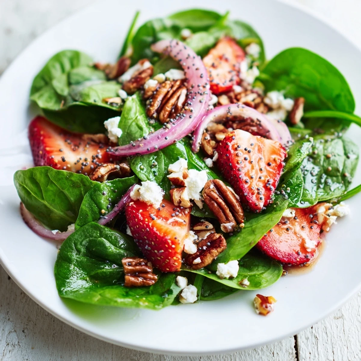 Fresh baby spinach and sliced strawberries tossed with feta and toasted pecans, drizzled with creamy poppy seed vinaigrette for a bright spring salad.