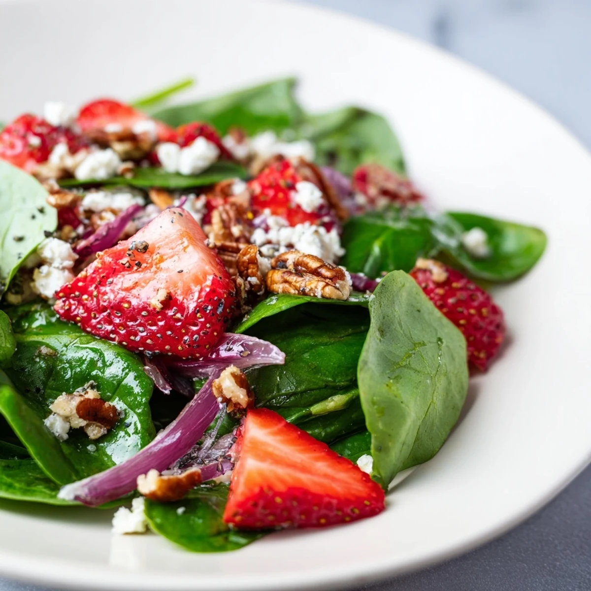 A vibrant serving of Strawberry Spinach Salad with Poppy Seed Vinaigrette, featuring red onion, fresh greens, strawberries, and cheese, perfect for a summer potluck.