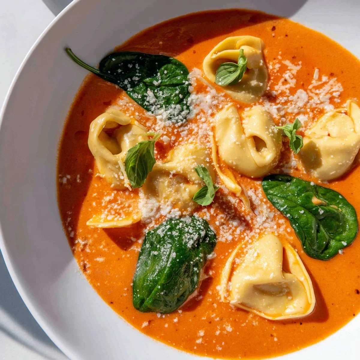 Steaming One Pot Creamy Tomato Tortellini Soup with Spinach in a Dutch oven, with a wooden spoon ready to serve. 