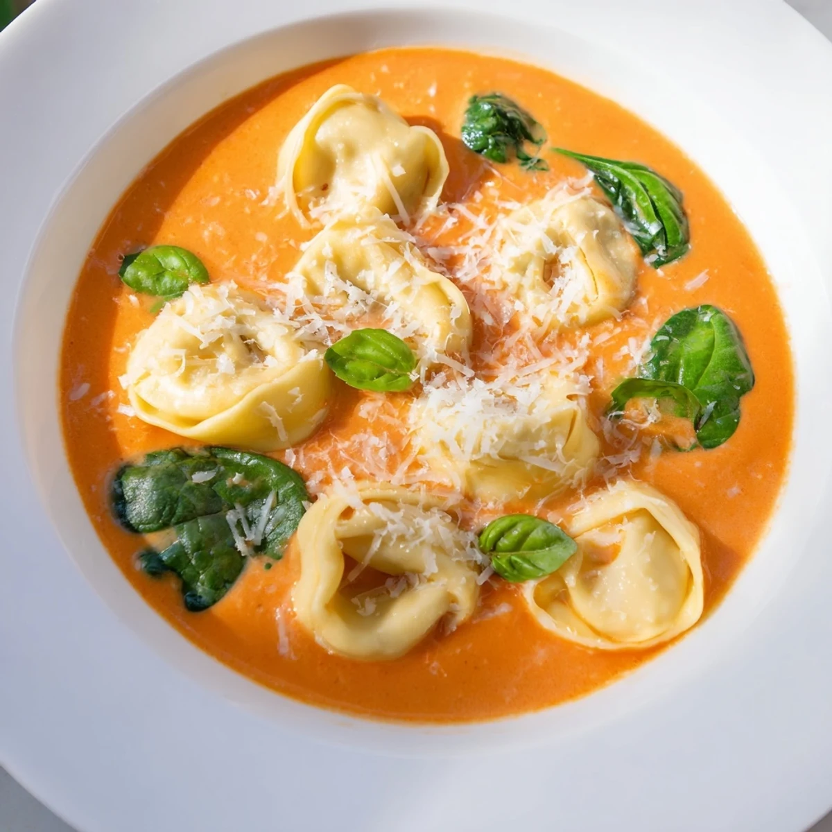 Creamy tomato tortellini soup with spinach, served steaming hot in a rustic bowl topped with fresh basil and grated Parmesan. 