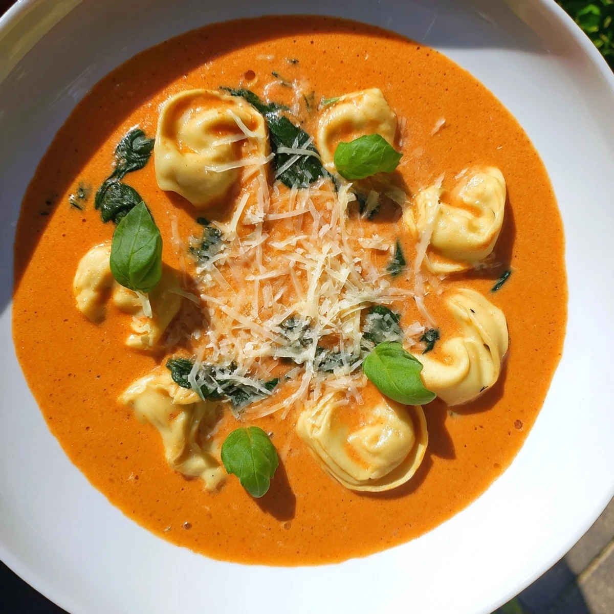 A comforting bowl of One Pot Creamy Tomato Tortellini Soup with Spinach, garnished with fresh basil and a cheese pull.