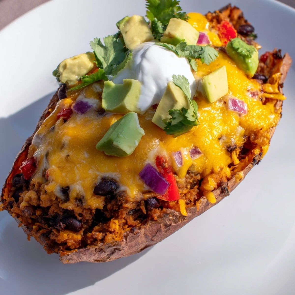 Golden-baked loaded sweet potato skins with black beans, melty cheddar, and fresh avocado garnish on a rustic platter.