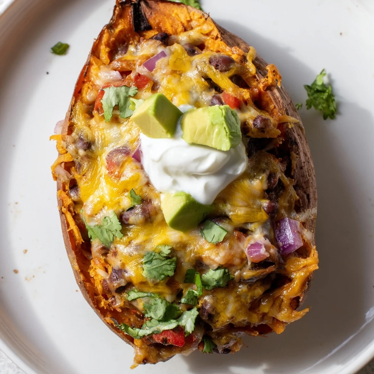 Tex-Mex style loaded sweet potato skins with black beans and cheese, served with lime wedges for a zesty finish.