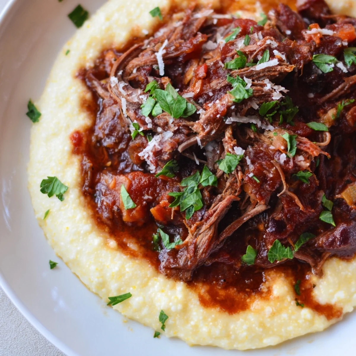 Creamy Polenta with Braised Beef Ragu is served in a rustic bowl, topped with tender shredded beef and a sprinkle of fresh parsley.
