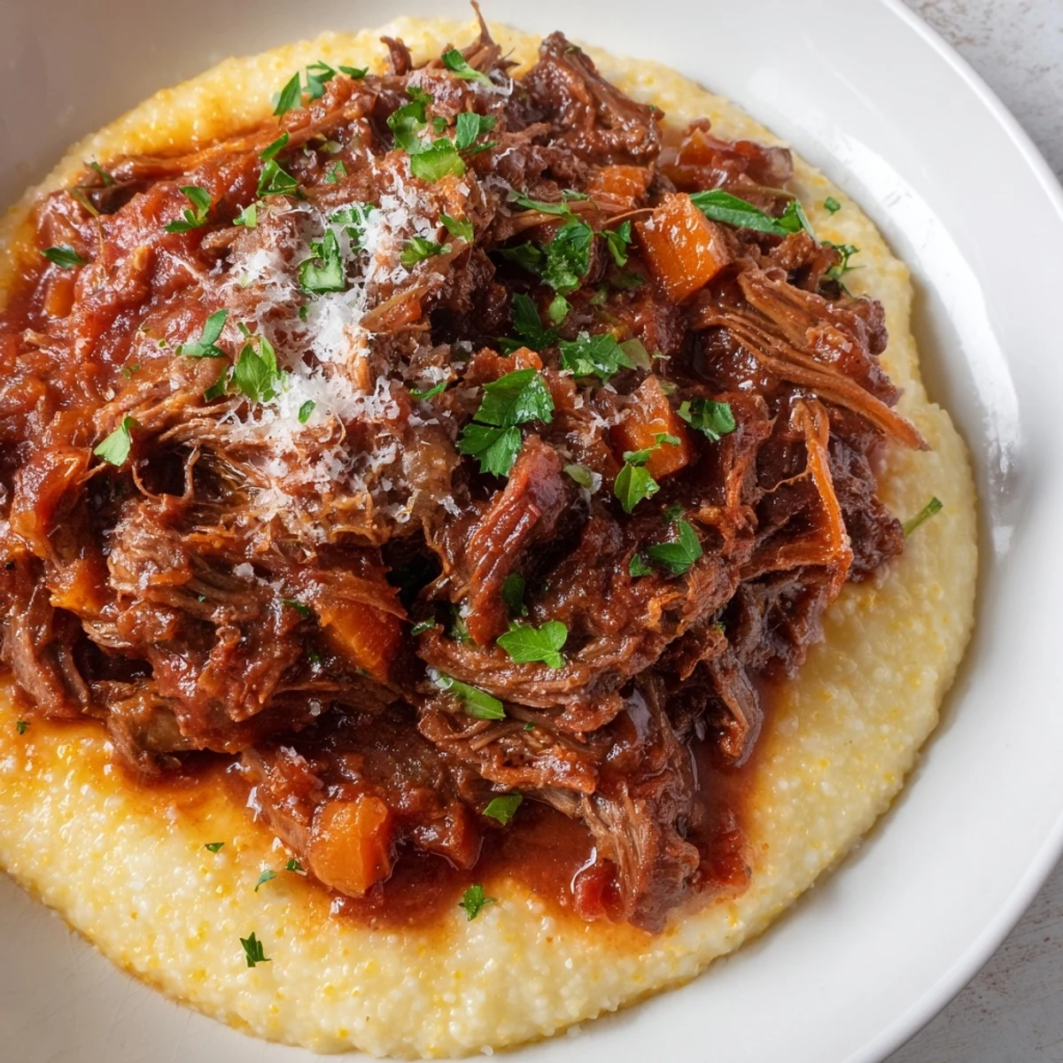 A close-up of Creamy Polenta with Braised Beef Ragu, featuring velvety polenta and rich, slow-simmered ragu ready to be enjoyed.