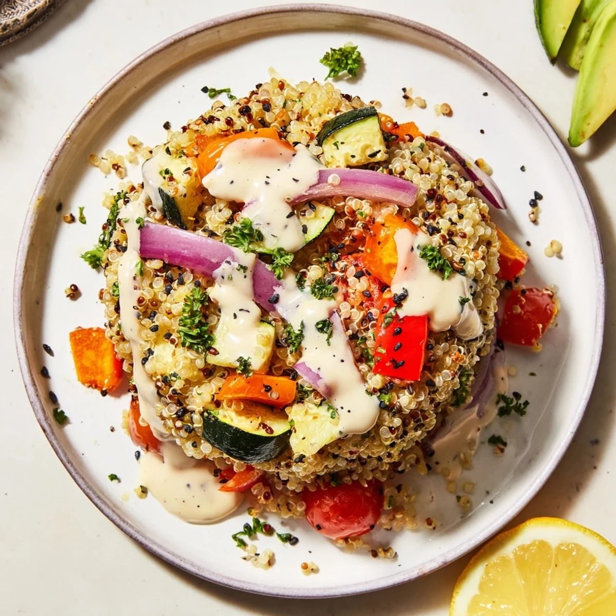 Golden roasted vegetables and fluffy quinoa fill a bowl, topped with creamy lemon tahini dressing and avocado.