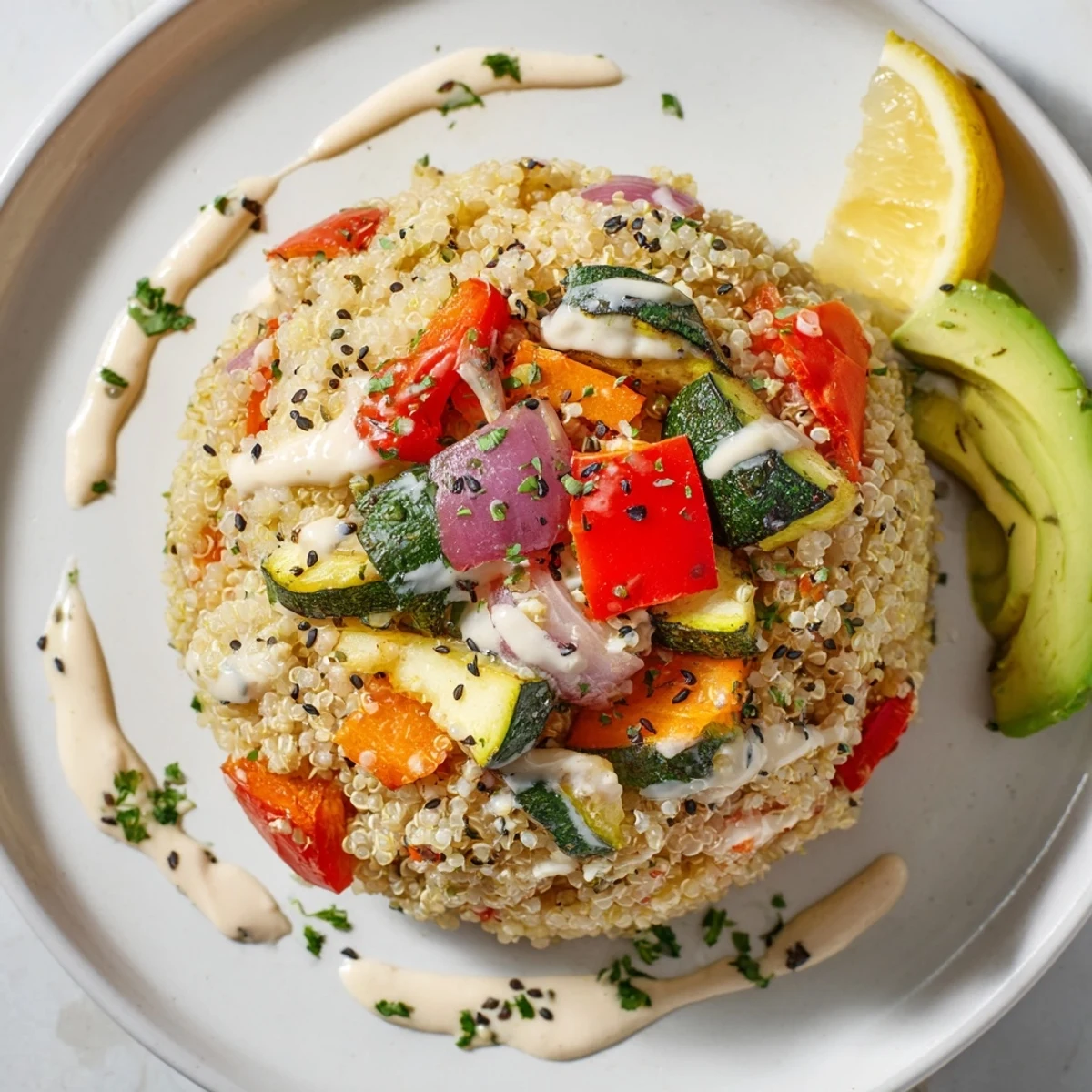 Zucchini, bell pepper, and cherry tomatoes roast to caramelized perfection in this vibrant quinoa bowl with tahini.