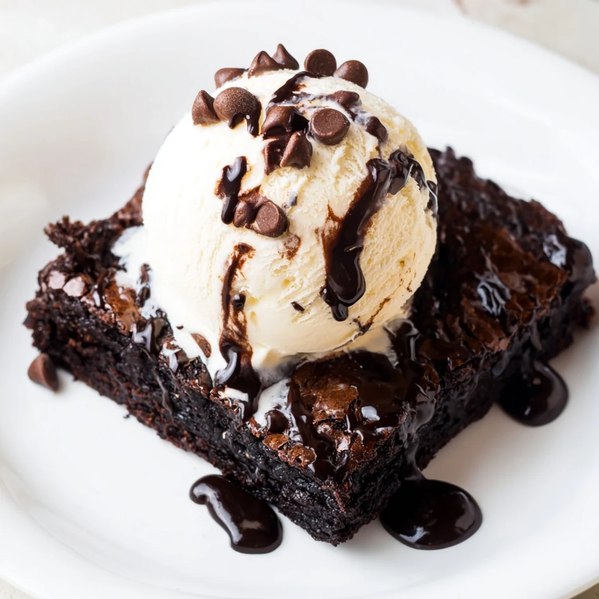 Chocolate Brownie Sundae with Hot Fudge Sauce features a warm, gooey brownie topped with creamy vanilla ice cream.