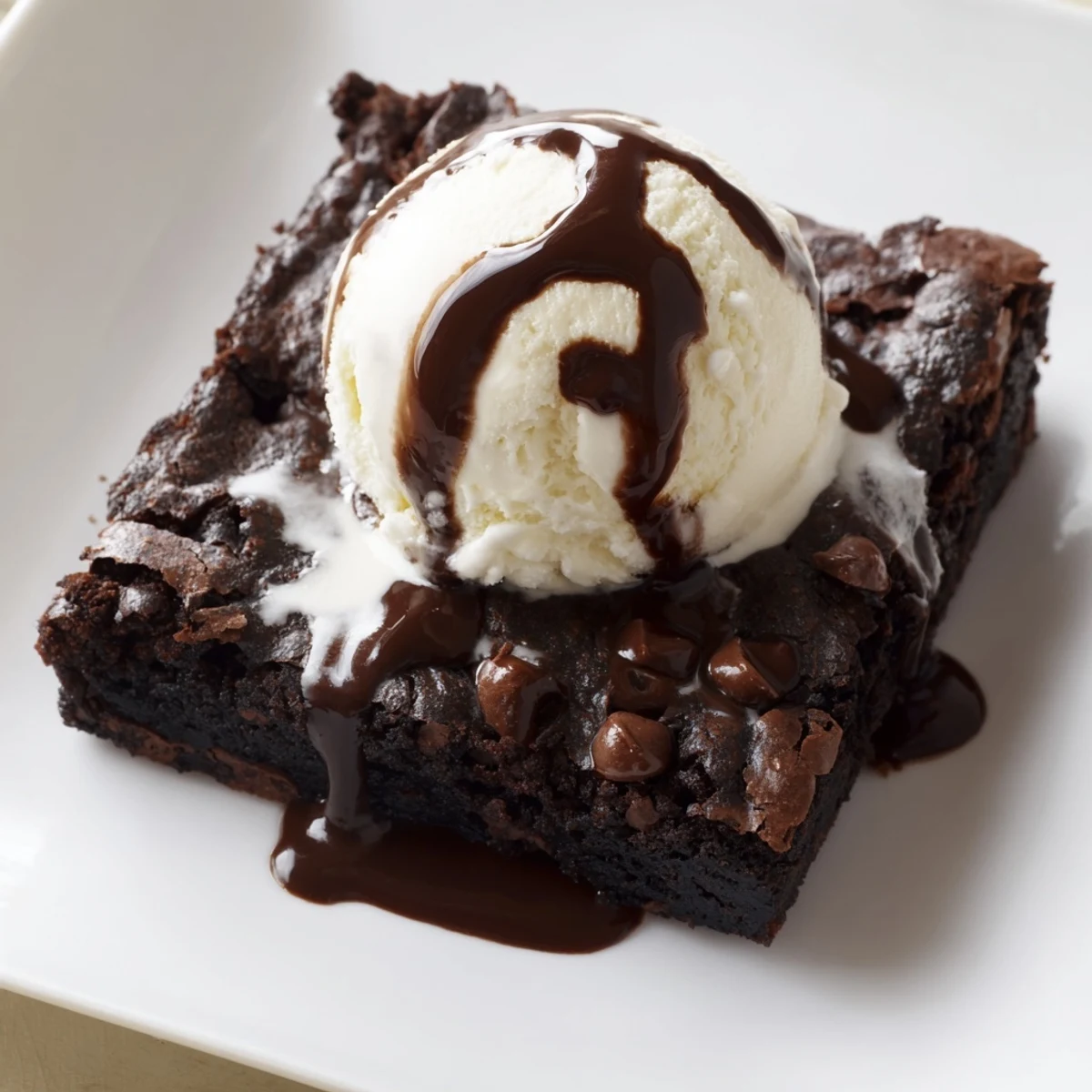 Decadent Chocolate Brownie Sundae with Hot Fudge Sauce drizzled over rich vanilla ice cream and a fudgy brownie base.