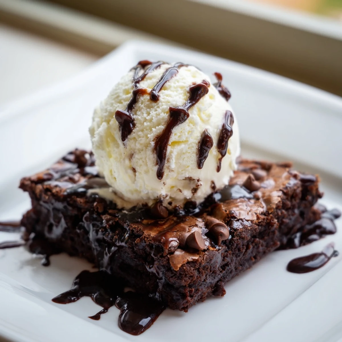 Homemade Chocolate Brownie Sundae with Hot Fudge Sauce served in a bowl with a dollop of whipped cream.