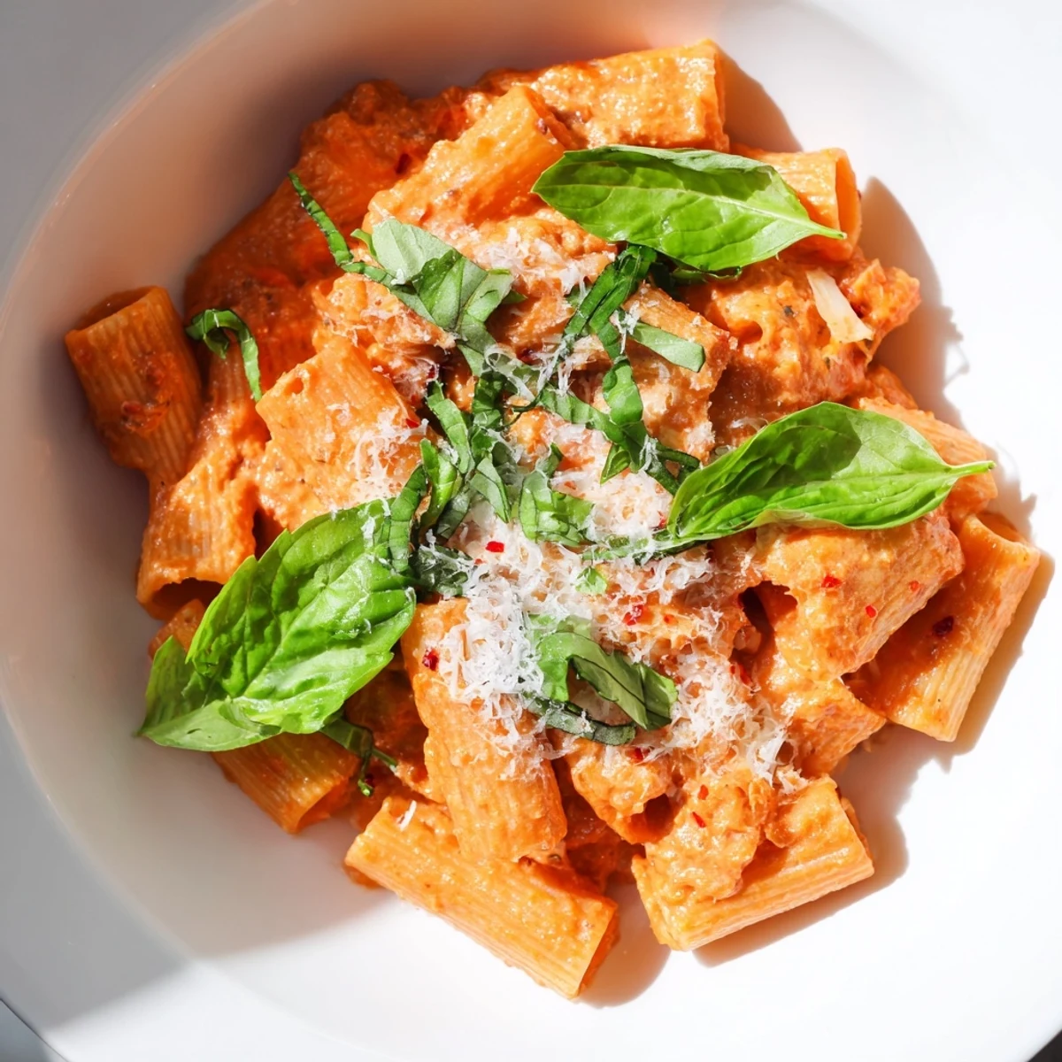 Creamy Tomato Pasta with Fresh Basil Leaves served in a white bowl, garnished with torn basil and grated Parmesan.