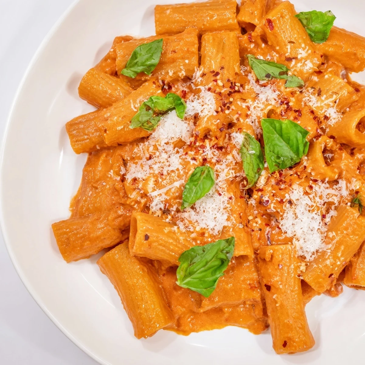 A hot skillet of Creamy Tomato Pasta with Fresh Basil Leaves, ready to serve with a glass of red wine.