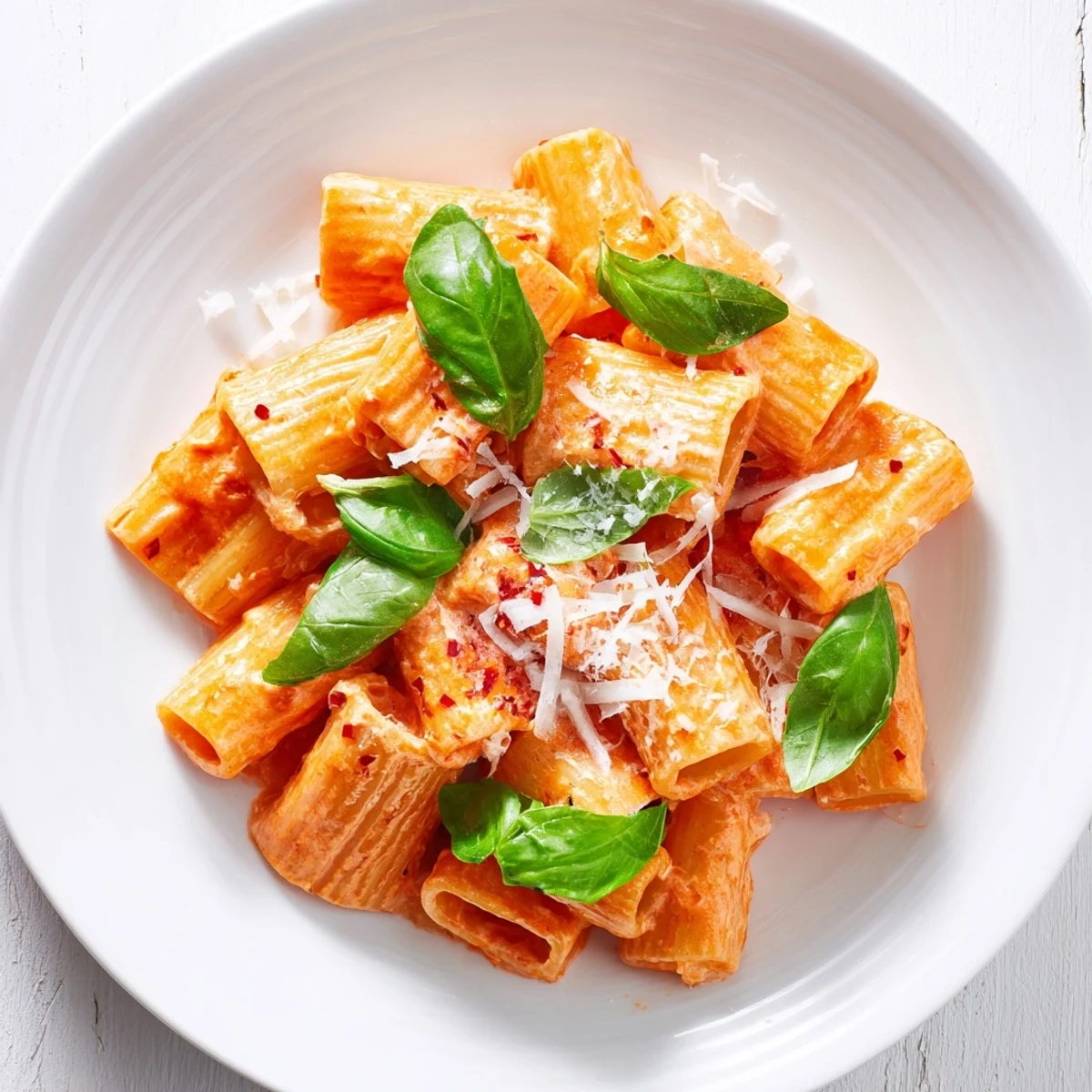 Close-up of Creamy Tomato Pasta with Fresh Basil Leaves, showing rich red sauce and a sprinkle of cheese.