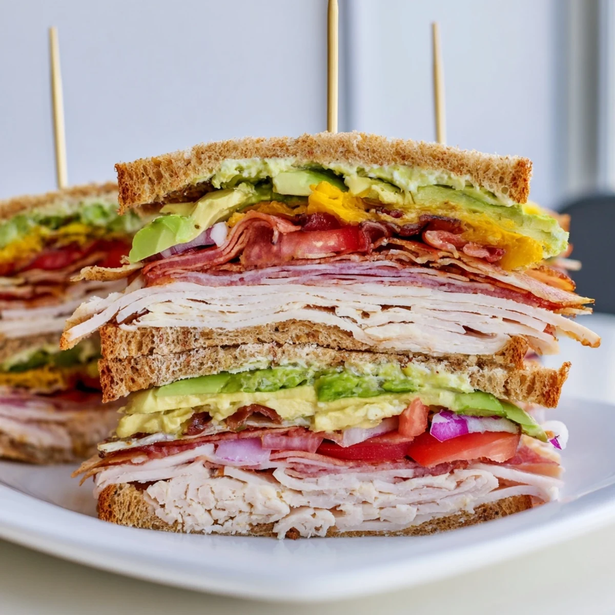 Golden toasted sandwich stacked high, the Turkey Club Sandwich with Turkey Bacon and Avocado served with pickles on a wooden board.