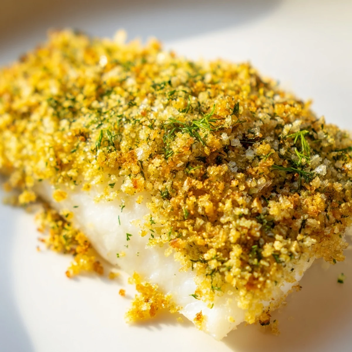 Golden brown Baked Hake with Lemon and Herb Crust fillets topped with fresh herbs on a baking sheet.