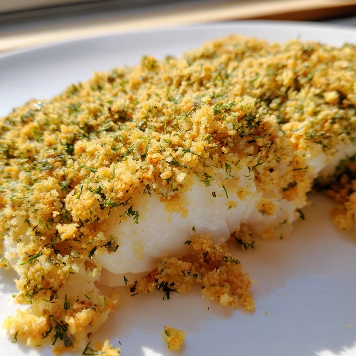 Savory Baked Hake with Lemon and Herb Crust served with lemon wedges alongside roasted potatoes and green beans.