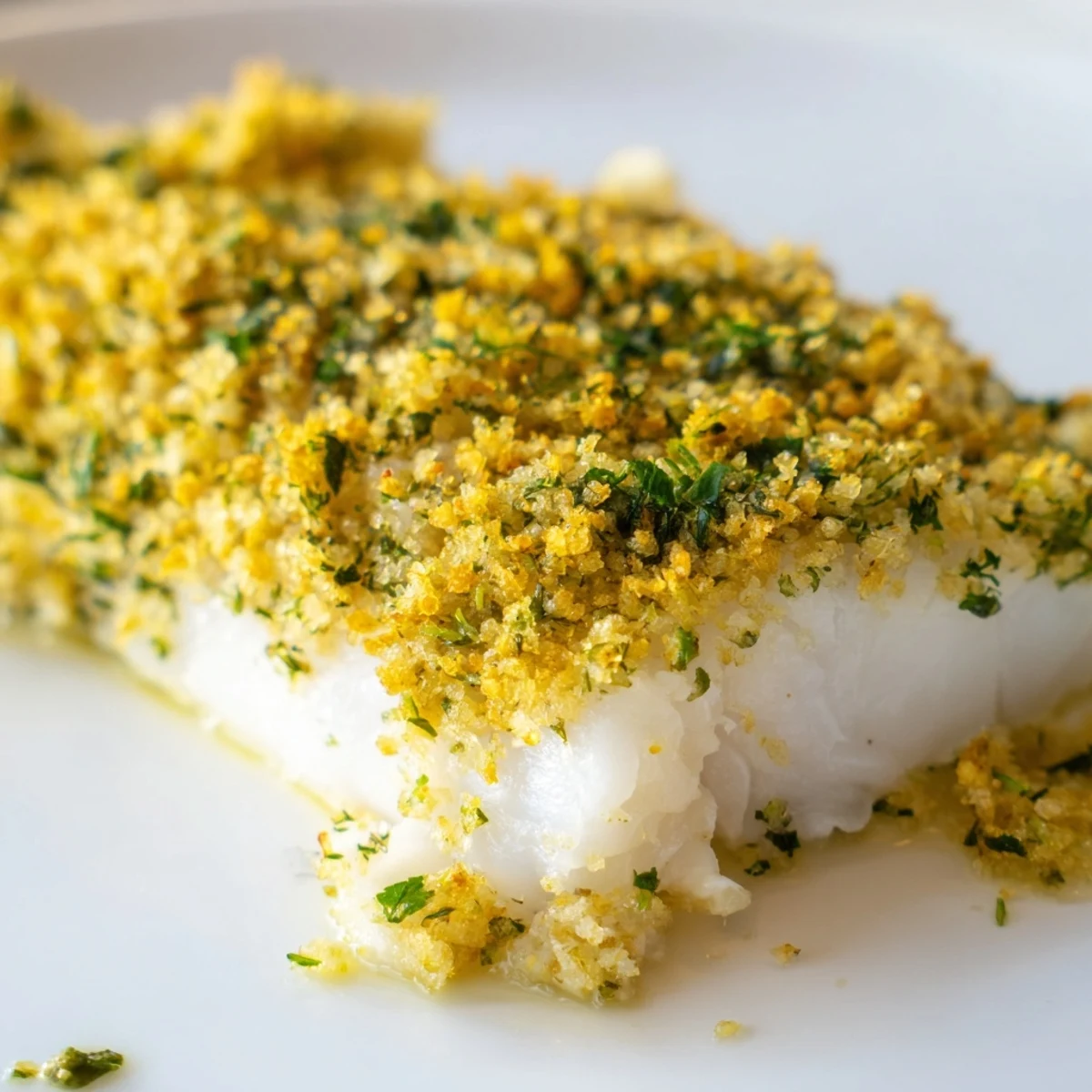 Freshly baked Baked Hake with Lemon and Herb Crust fillets resting on parchment paper with vibrant green herbs.