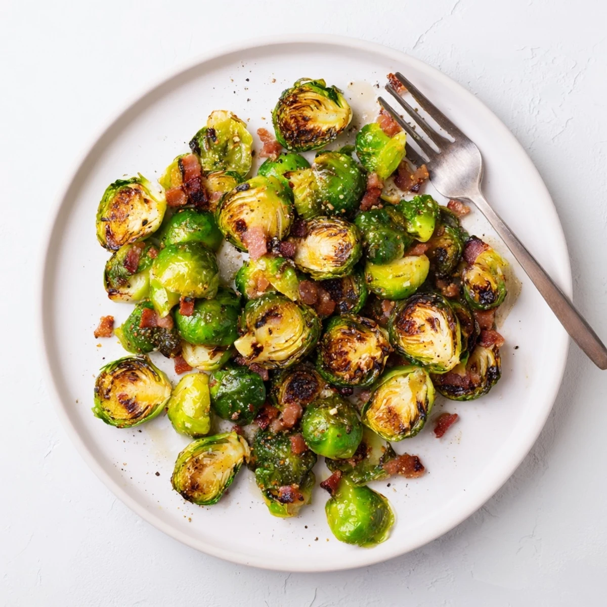 Savory Roasted Brussels sprouts with beef bacon, garnished with pepper, ready for a main course.