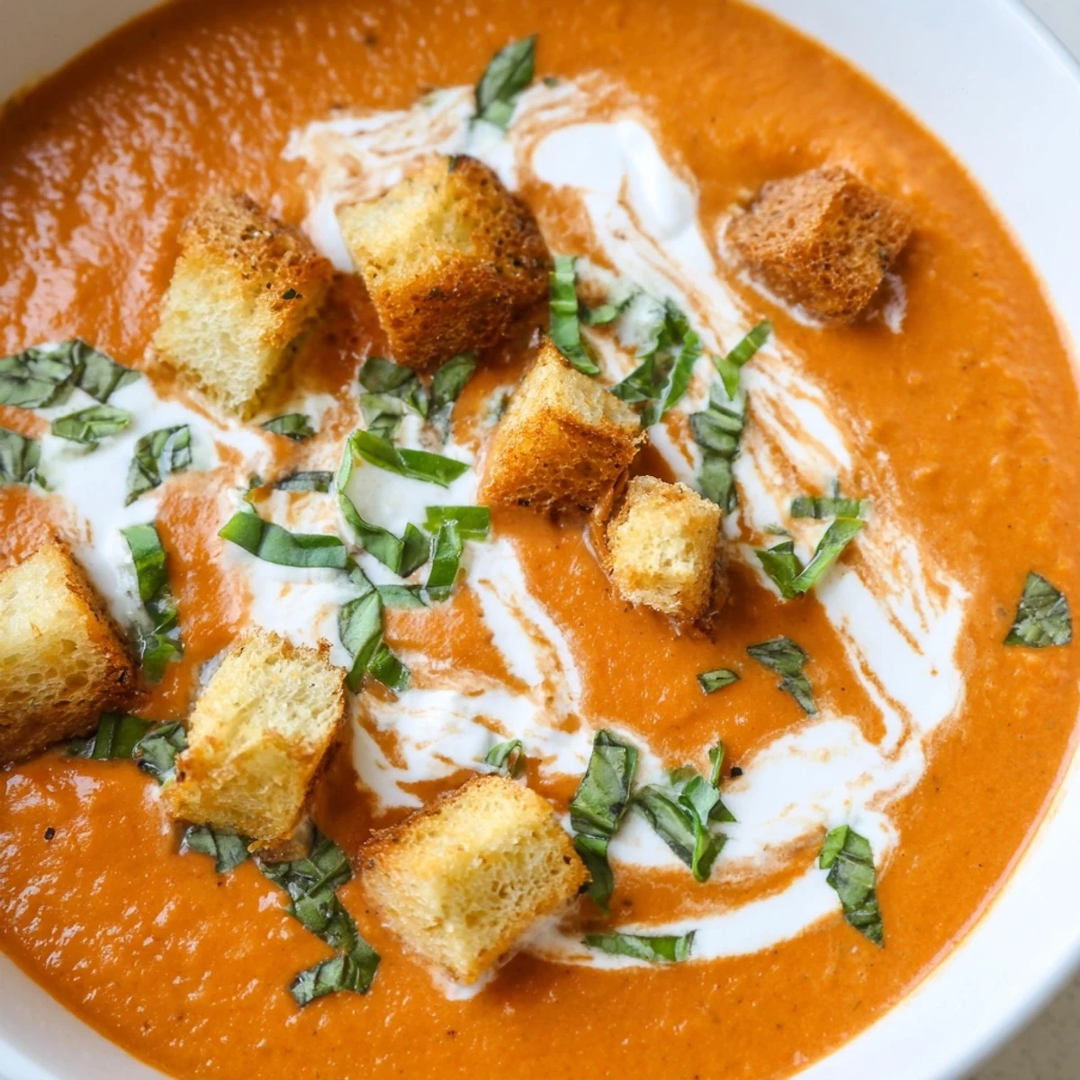 A top-down view of Creamy Tomato Basil Bisque with Croutons, highlighting the velvety red soup and crunchy, herb-seasoned croutons next to a linen napkin on a wooden table.