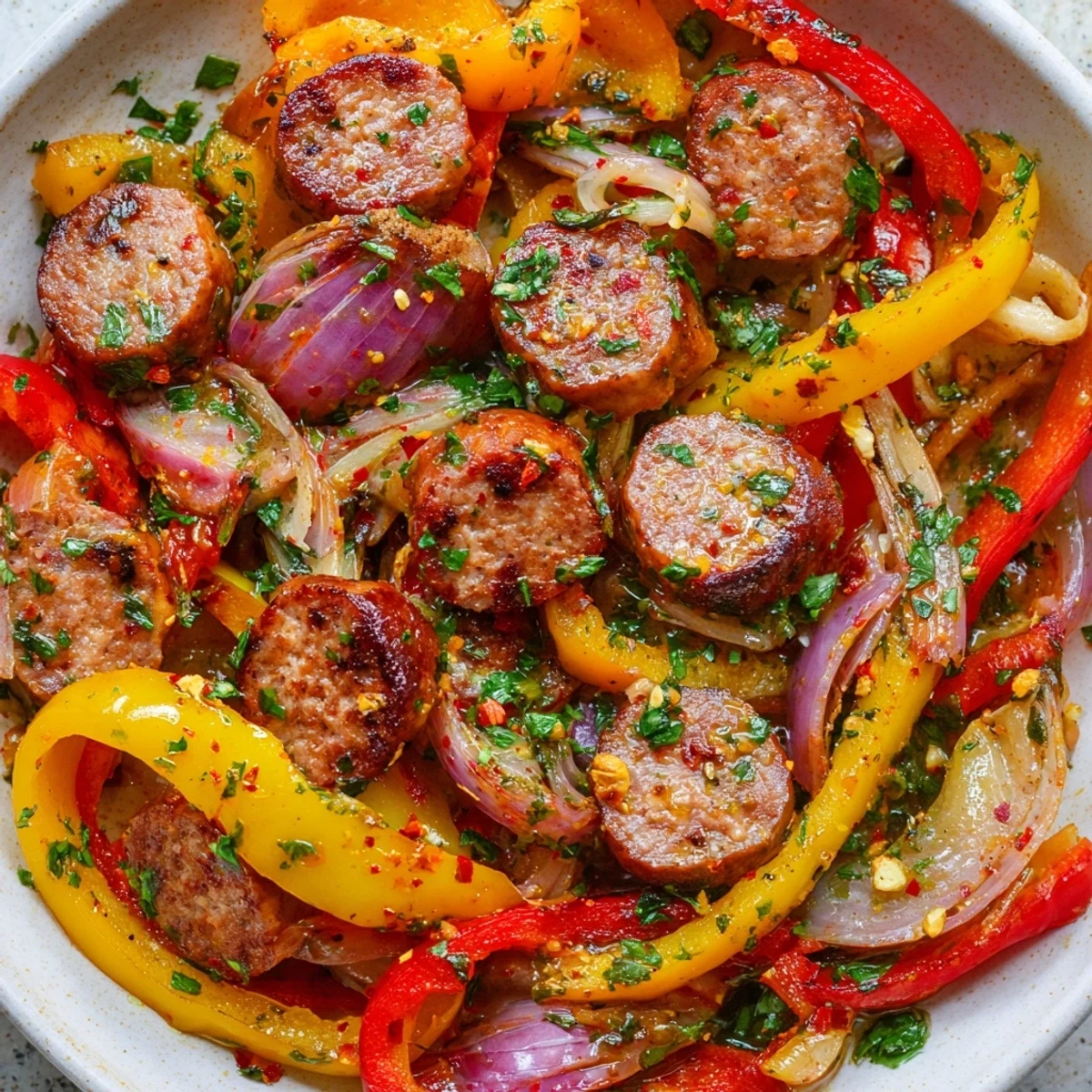 A close-up of the spicy beef sausage and pepper skillet, with vibrant red, yellow, and green bell peppers mingling in a glossy pan sauce.