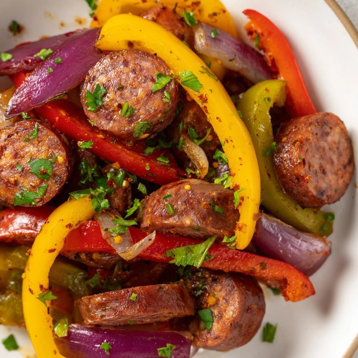 Sizzling slices of beef sausage and colorful peppers in a rustic skillet, ready to be served over a bed of fluffy white rice.