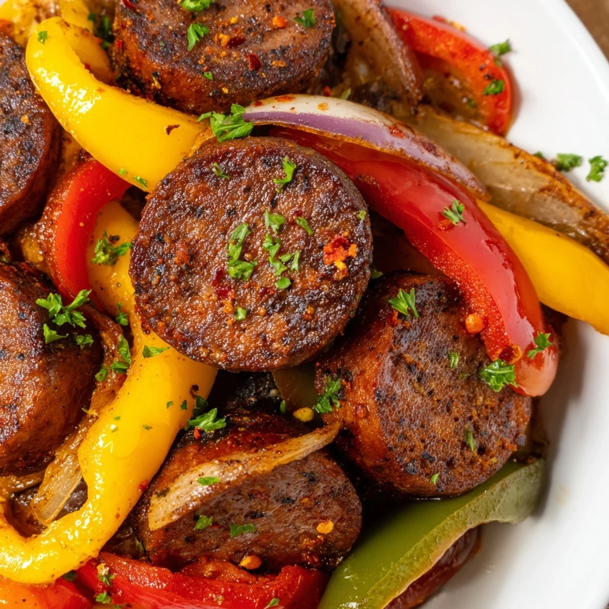 Savory one-pan spicy beef sausage and peppers, garnished with fresh parsley, alongside a loaf of crusty bread on a wooden table.