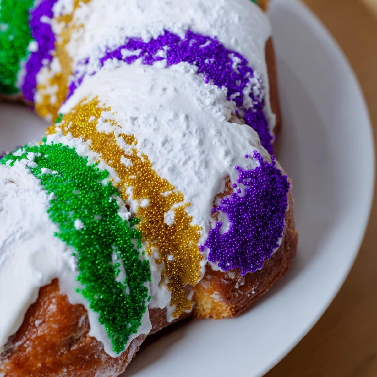 Golden-brown King Cake with cinnamon sugar filling, topped with vibrant purple, green, and gold sugars on a white plate.  