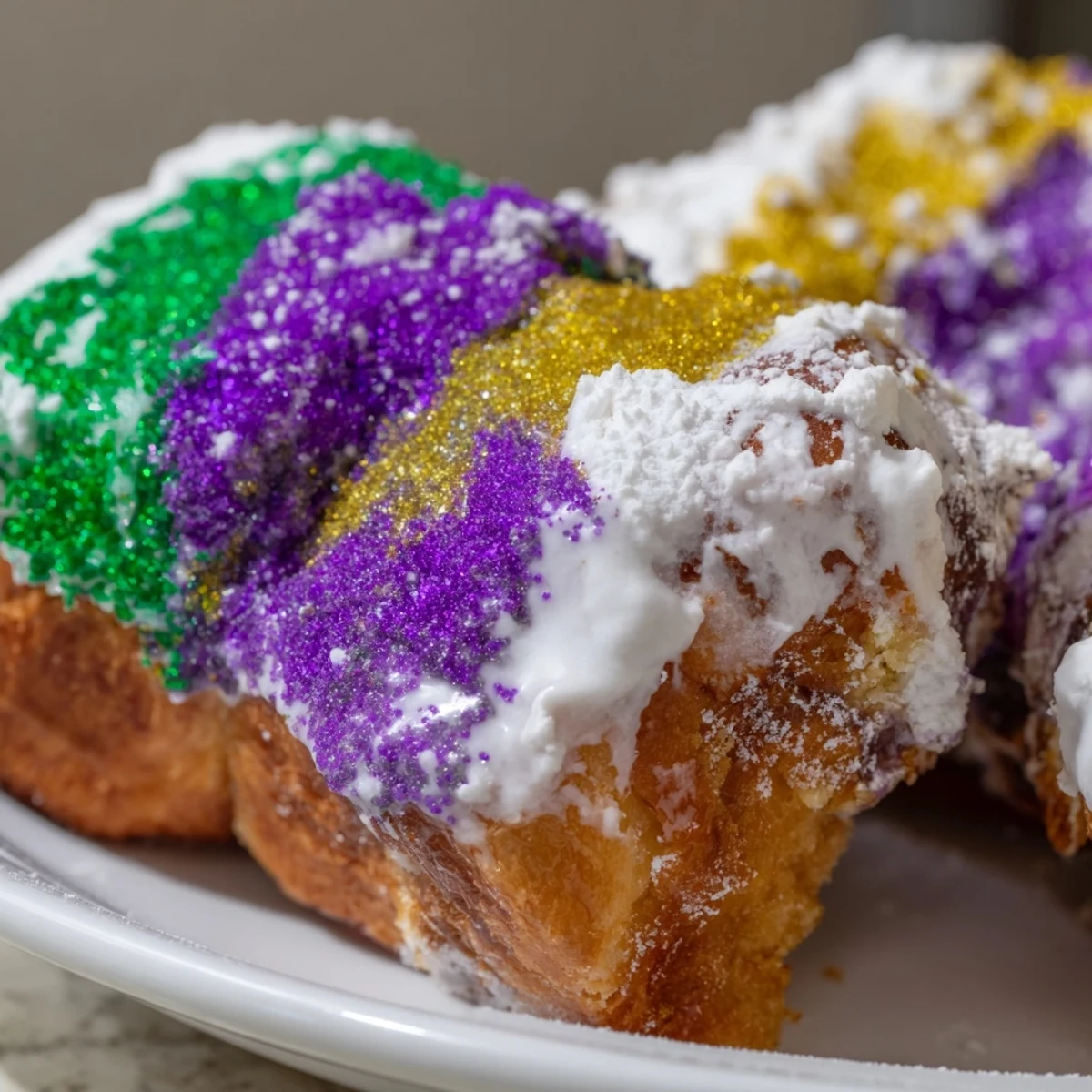 Freshly baked King Cake drizzled with white icing and colorful sugar, ready for a festive Mardi Gras celebration.  