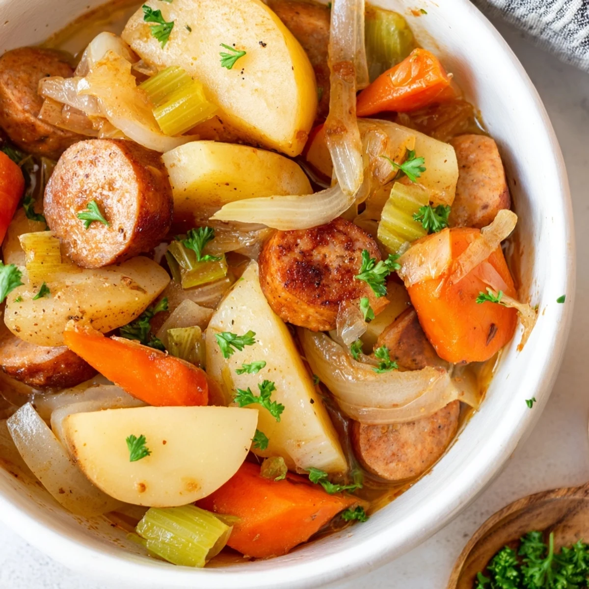 Savory Dublin Coddle with Chicken Sausage baked in a Dutch oven, garnished with fresh parsley and served hot.  