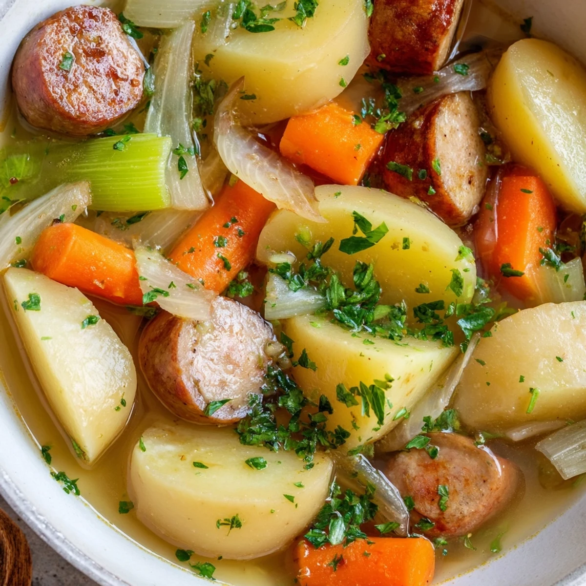 Golden-brown slices of chicken sausage and tender potatoes layered with onions, carrots, and celery in the Dublin Coddle stew.  