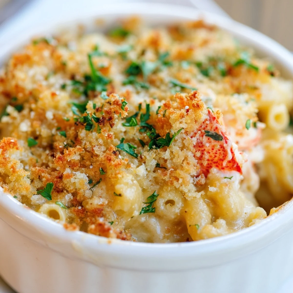 Creamy Romantic Lobster Mac and Cheese in a golden baking dish, topped with parsley and served for two.
