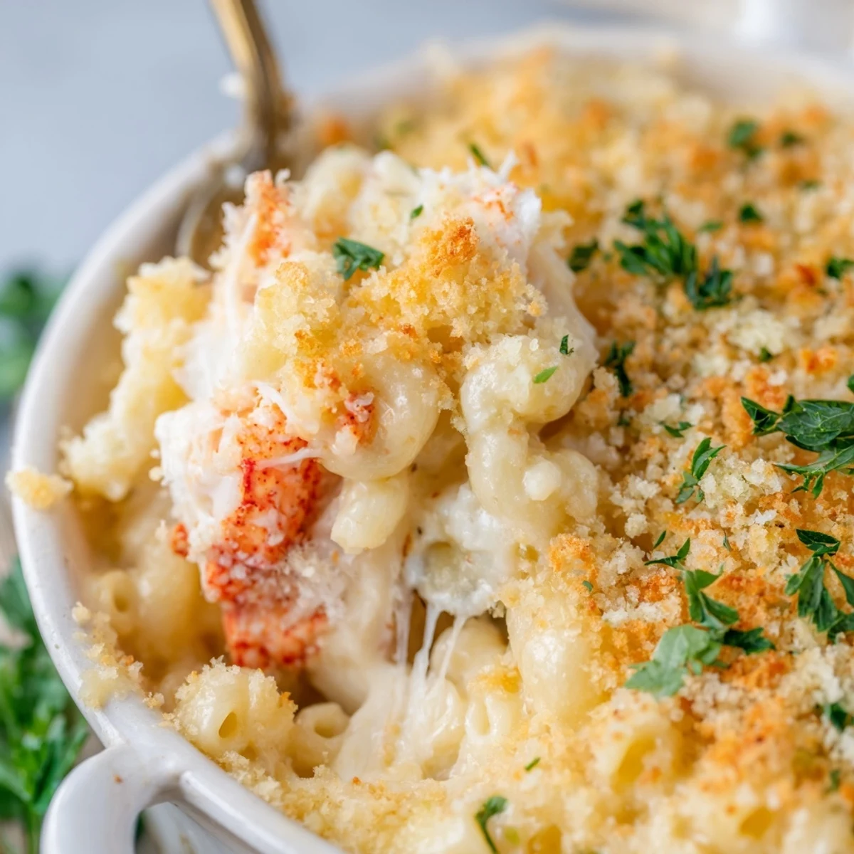 Romantic Lobster Mac and Cheese plated elegantly, garnished with fresh parsley, ready for a special dinner.