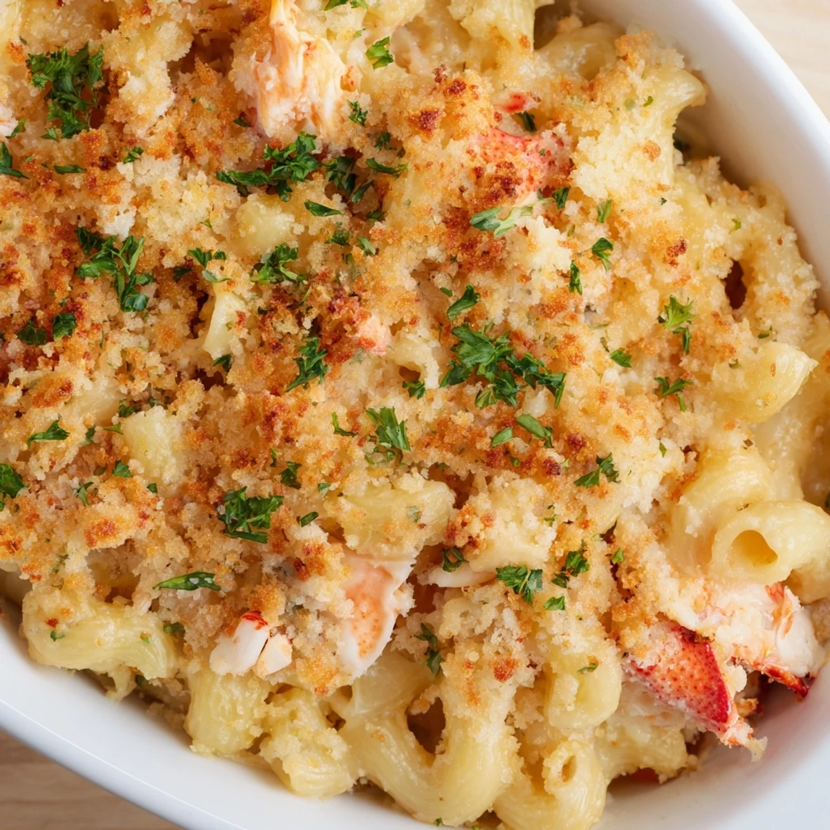 Close-up of Romantic Lobster Mac and Cheese bubbling from the oven, with tender lobster peeking through the cheese sauce.