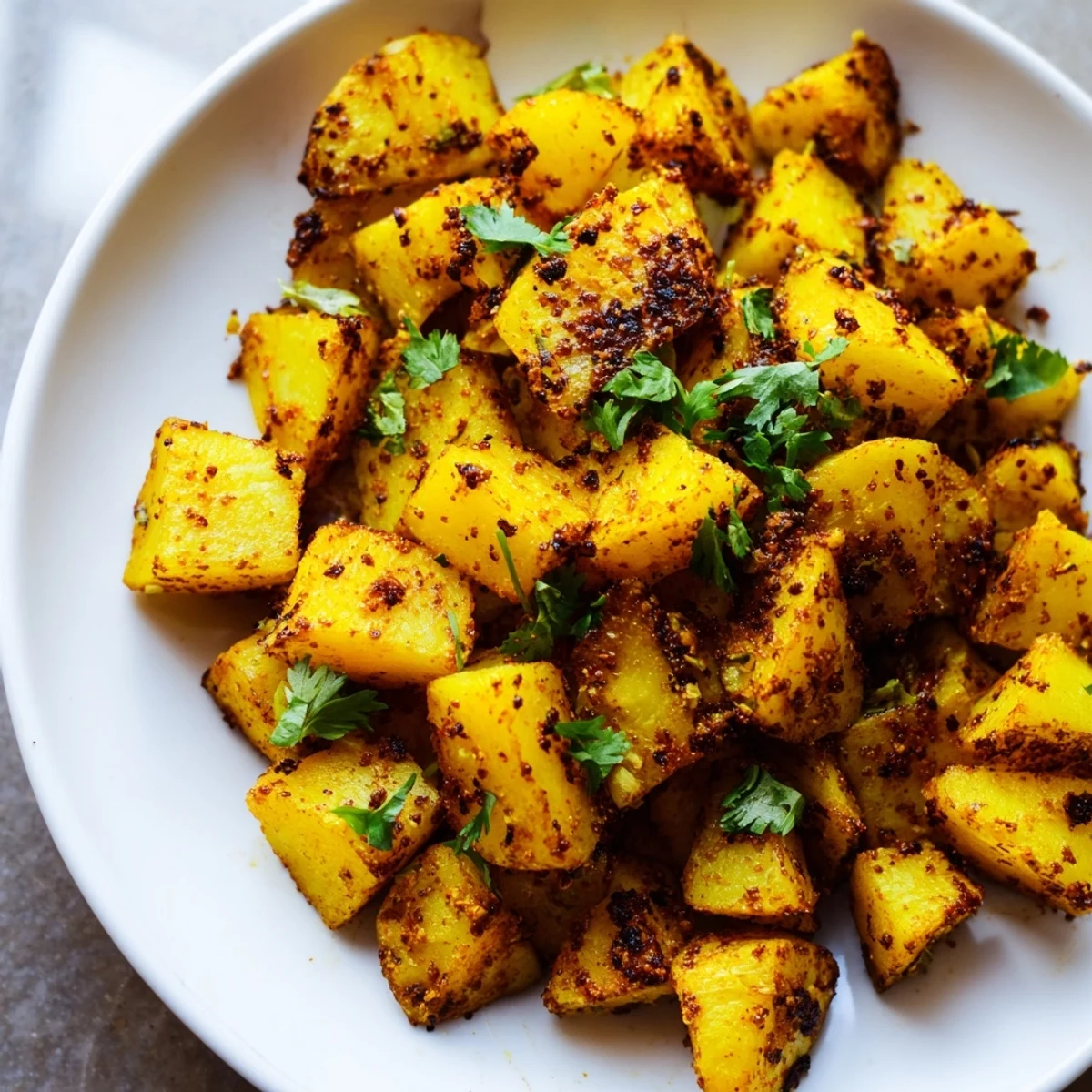 A close-up of Pot of Gold Turmeric Roasted Potatoes, highlighting the vibrant yellow spices and caramelized edges on the Yukon Gold cubes.