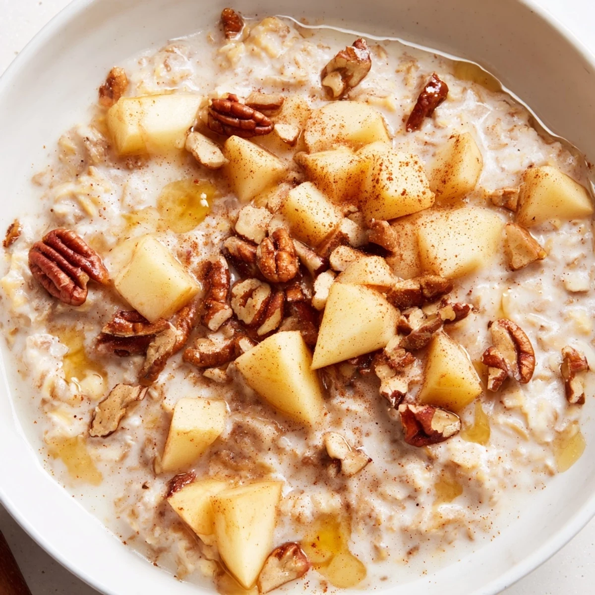 A steaming bowl of Warm Apple Cinnamon Oatmeal with Pecans, featuring tender diced apples and crunchy pecans on top.  