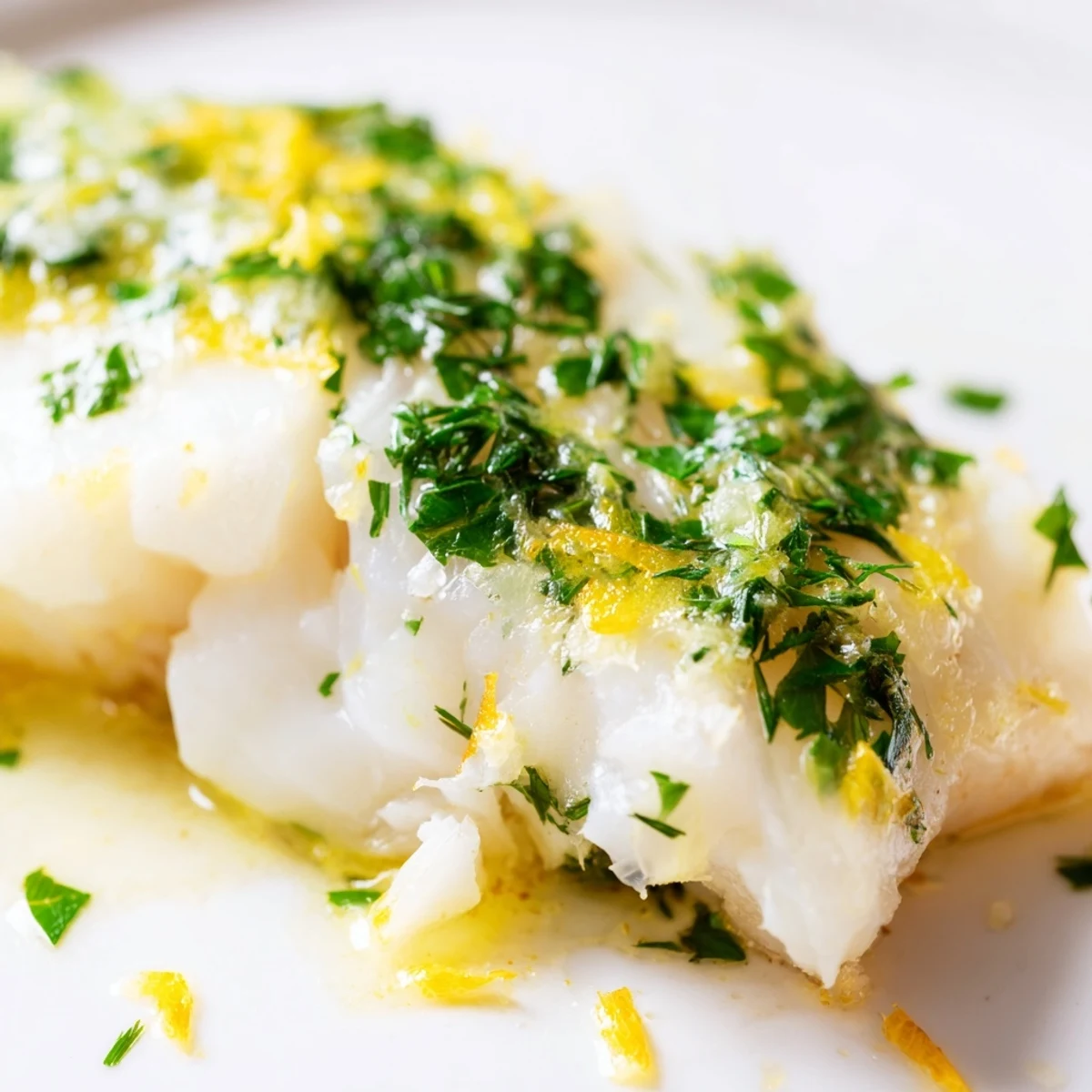 Flaky baked cod fillets glistening with bright lemon herb butter, garnished with fresh parsley and dill on a white plate.  