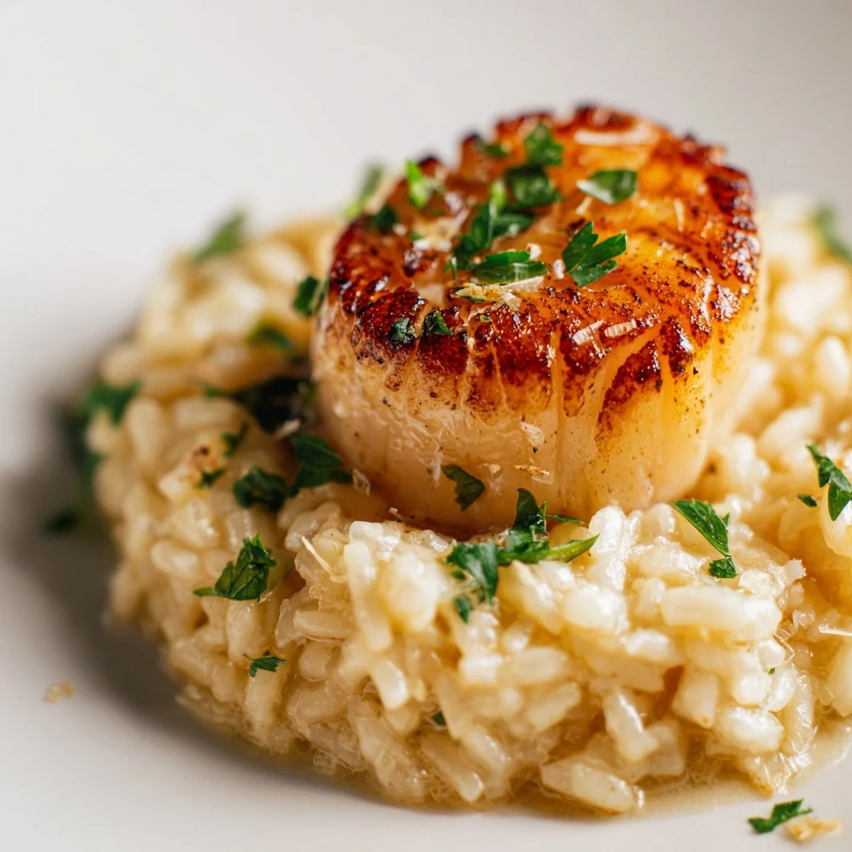 Tender golden-seared scallops resting on creamy Parmesan risotto, garnished with fresh parsley and lemon wedges.