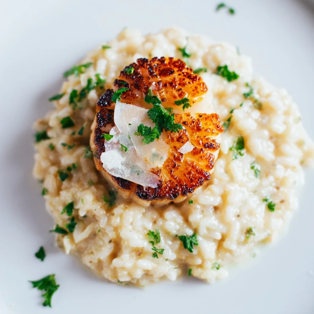 Date Night Seared Scallops with Risotto plated for two, showcasing a glossy, buttery sauce and fluffy rice.