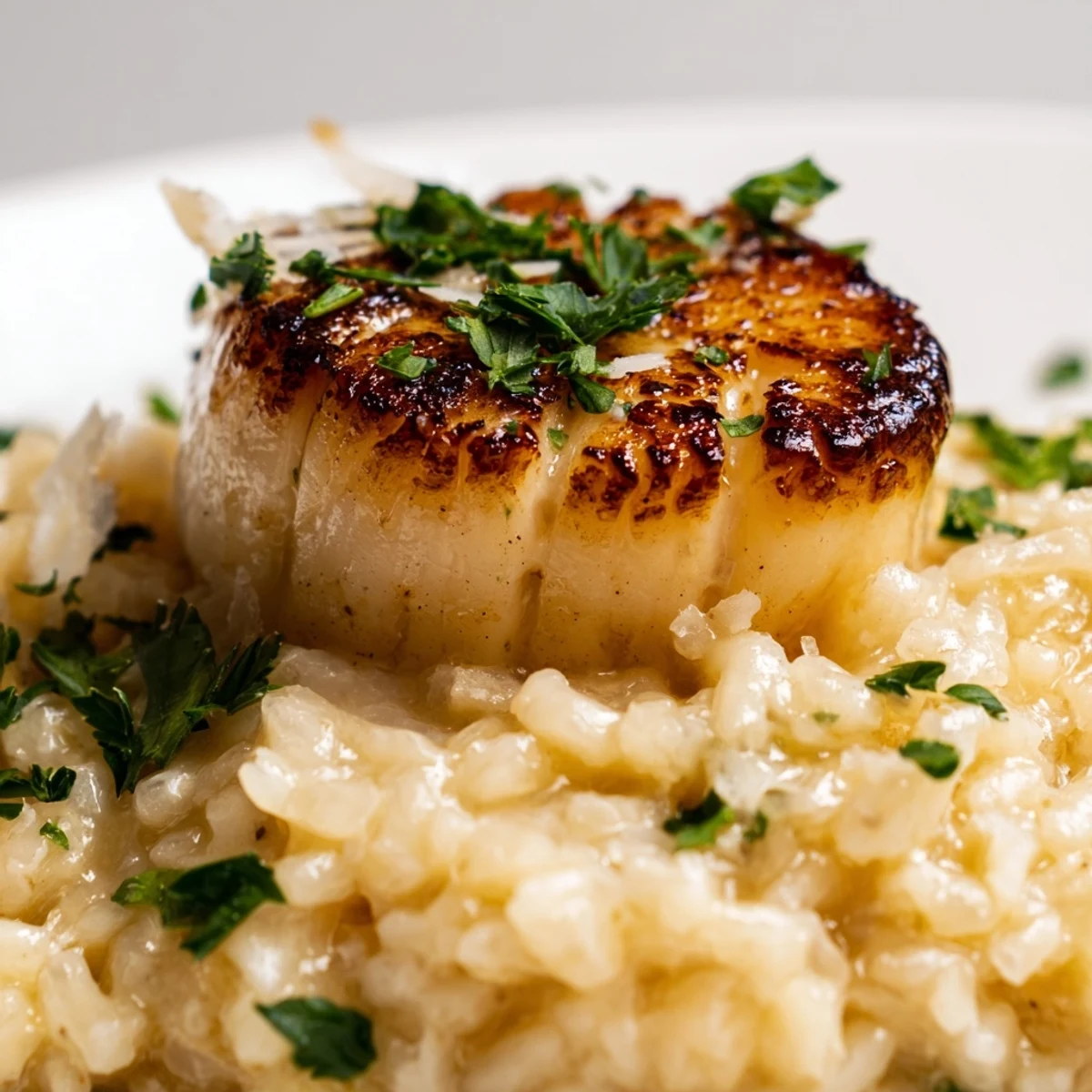 Close-up of Date Night Seared Scallops with Risotto, highlighting the sear crust and steam rising from the dish.