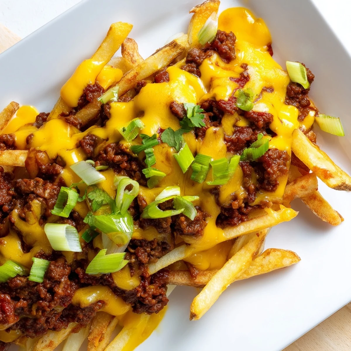 Oven-baked fries topped with smoky halal chili and melted cheese, finished with fresh cilantro for a crowd-pleasing bite.