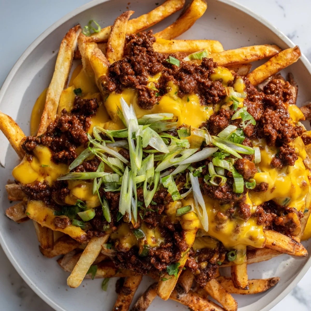 Gooey cheddar melts over hearty halal chili on crispy fries, served hot with fresh jalapeños and green onions.