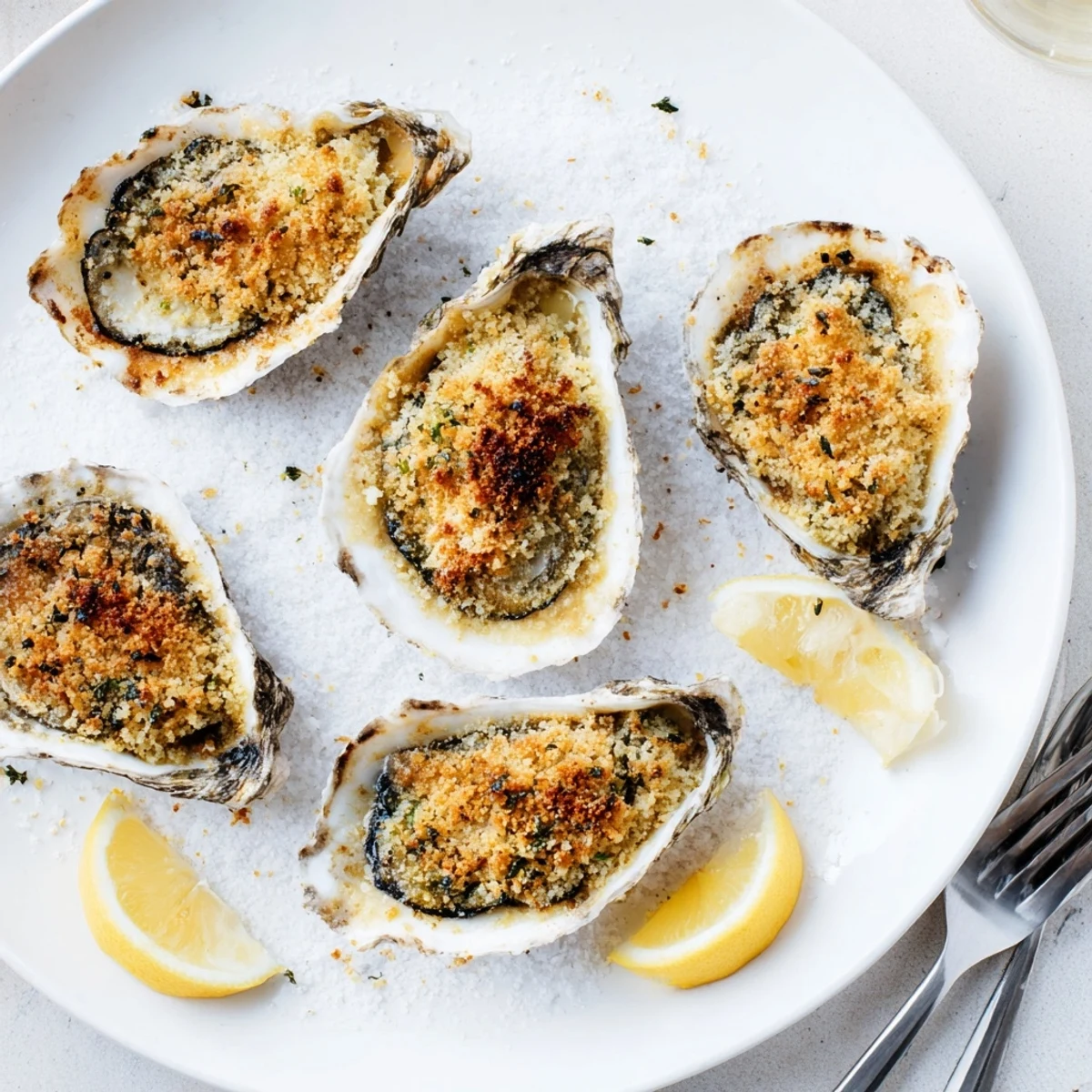 Golden-baked Romantic Oysters Rockefeller served in shells on a bed of coarse salt with lemon wedges.